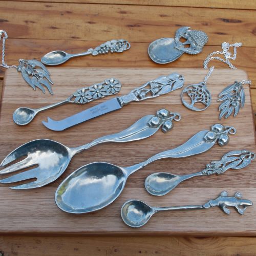handcrafted pewter spoons with gumleaf design