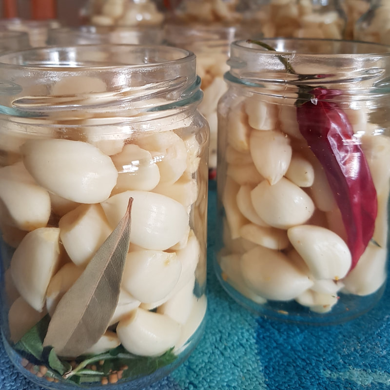jars of peeled garlic with chill pod