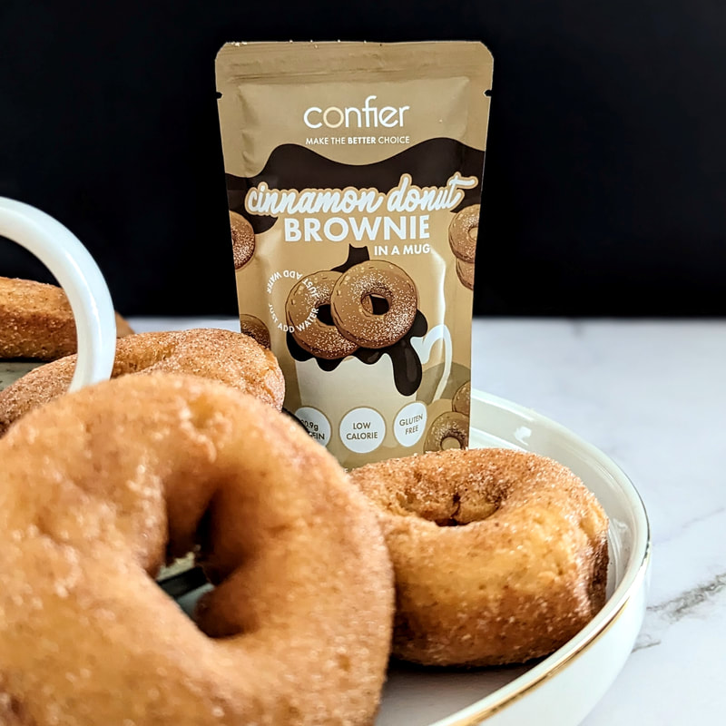 donuts beside a packet of donut brownie mix 