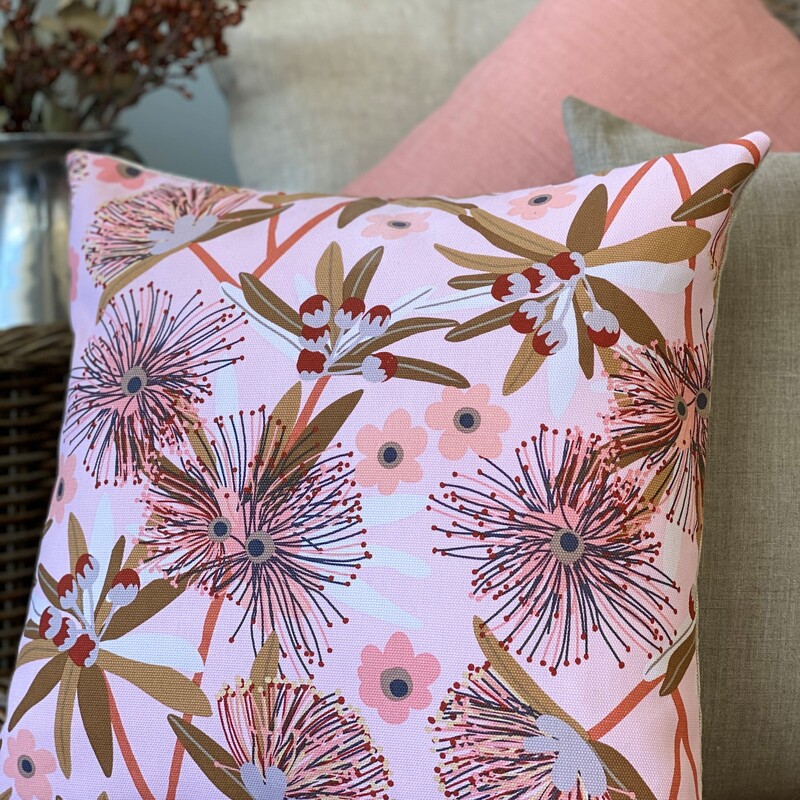 handcrafted fabric cushions with native flower design