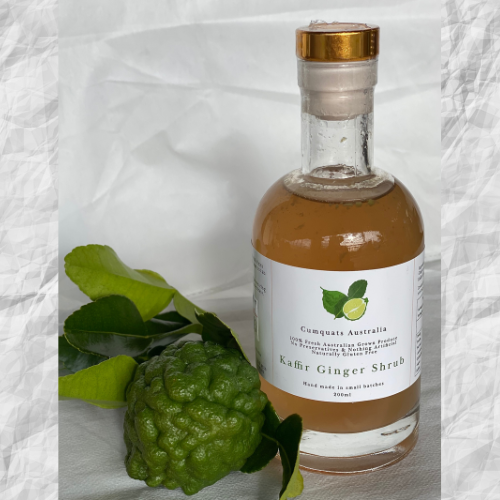 bottle of kaffir ginger shrub with a kaffir lime fruit