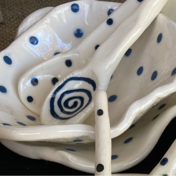 handmade ceramic dishes and spoon - white with blue spots
