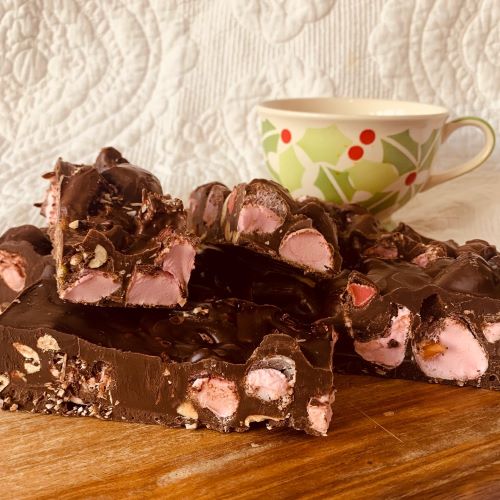bars of homemade rocky road chocolate with tea cup