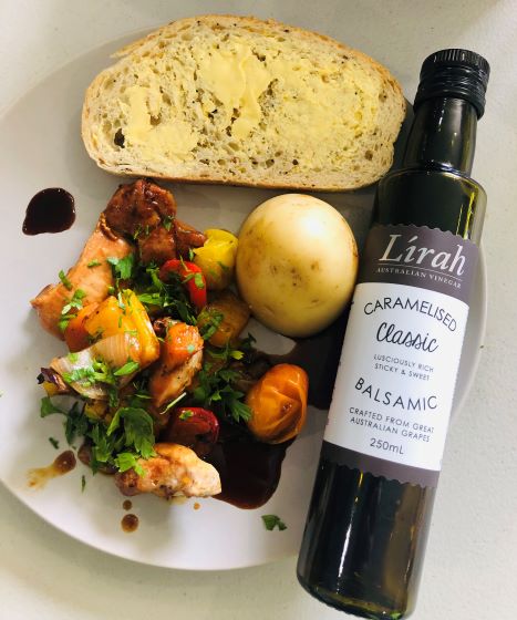 caramelised balsamic vinegar with tray bake, potato and bread