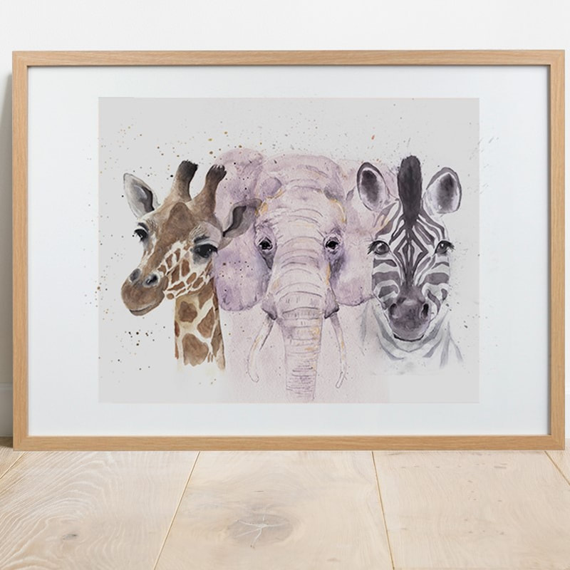 watercolouy painting of the head of a giraffe, elephant and zebra
