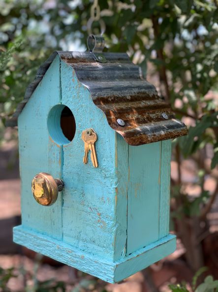 rustic blue birdhouses with brass knob and keys