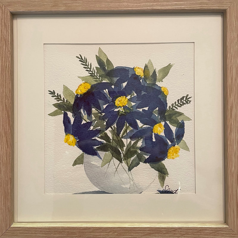 watercolour painting of blue and yellow flowers in a glass vase