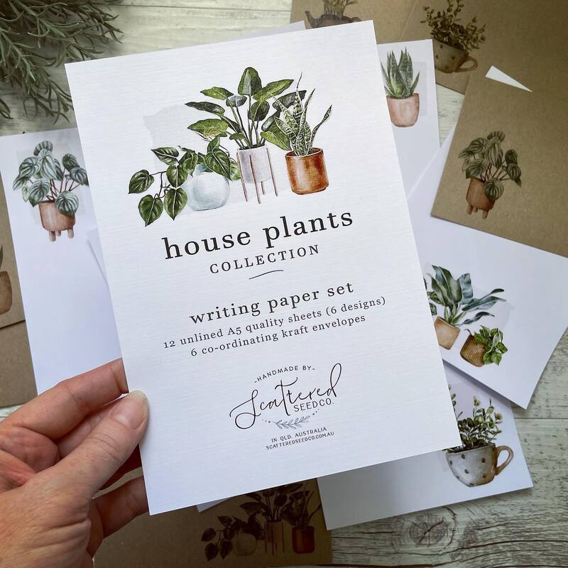 handrawn picture of a selection of pot plants on a writing paper gift set