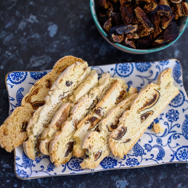 plate of homemade almond & fig biscotti