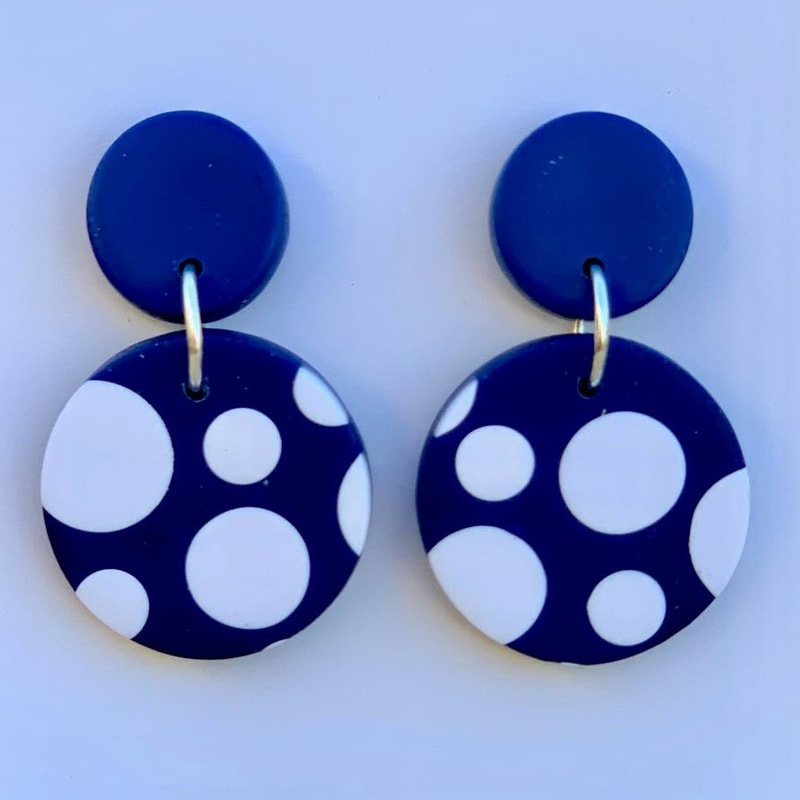 blue and white spot polymer clay earrings